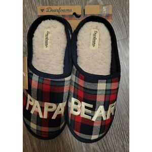 Dearfoams PAPA BEAR Navy/Red/Grn Plaid Clog Memory Foam Slippers Mens S 7-8